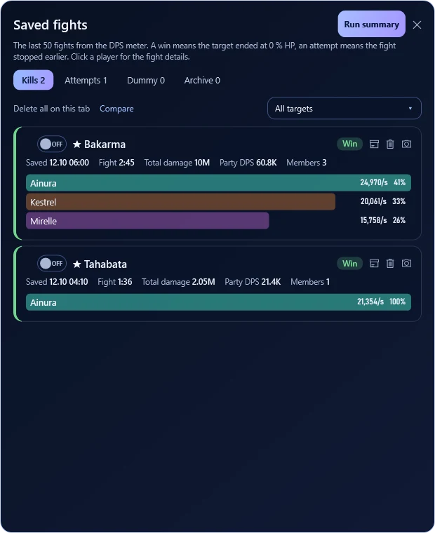 Saved fights, history and comparison — TeamMate screen · sample data