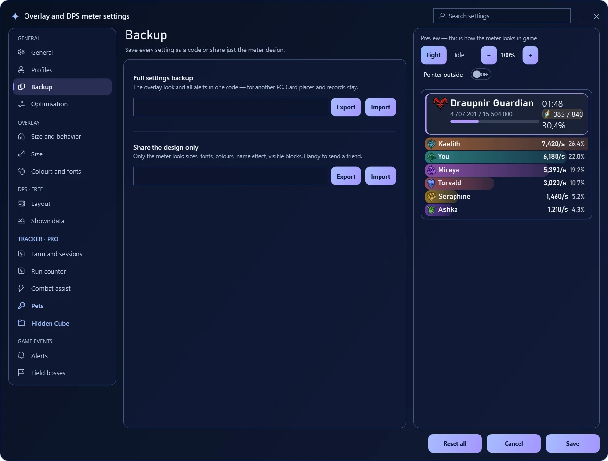 Settings backup — TeamMate screen · sample data