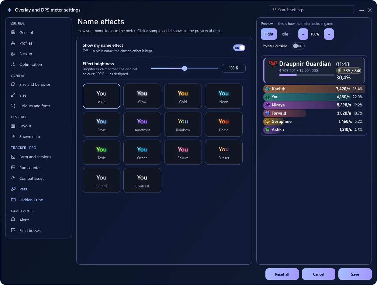 Name effects — TeamMate screen · sample data