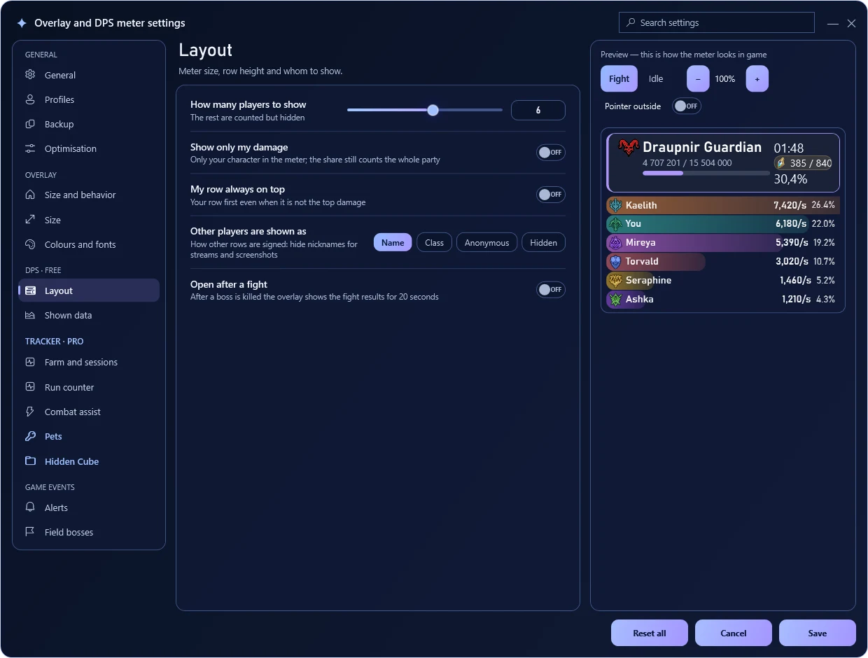 In-game overlay — Overlay and DPS meter settings → Layout.