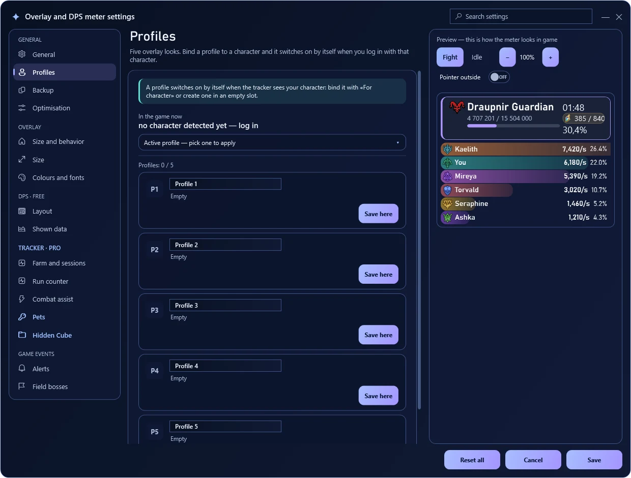 Settings profiles — TeamMate screen · sample data