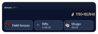 In-game overlay — Idle: the panel is dimmed while character status and enabled blocks remain visible.