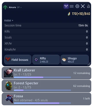 Pets — Pinned pets in the overlay: level, souls and what is left to the next level.