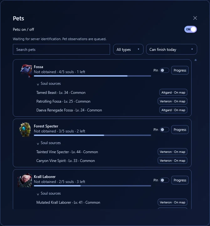 Pets — Pets page: progress from the game, soul sources and pinning to the overlay.