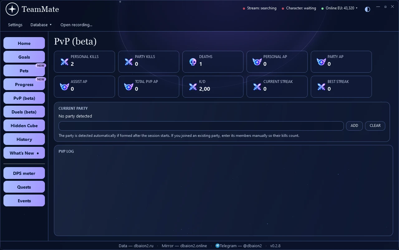 PvP statistics — TeamMate screen · sample data