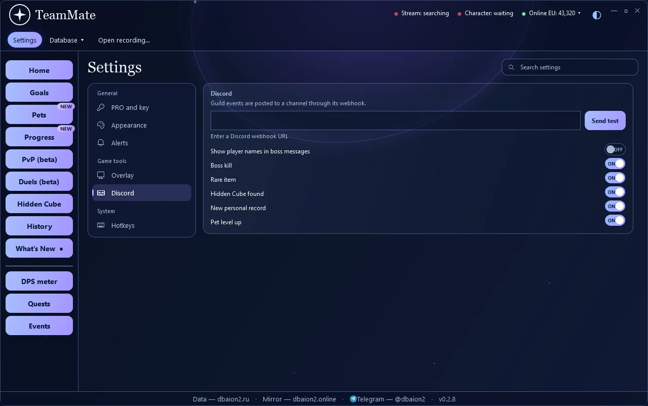 Discord webhook — TeamMate screen · sample data