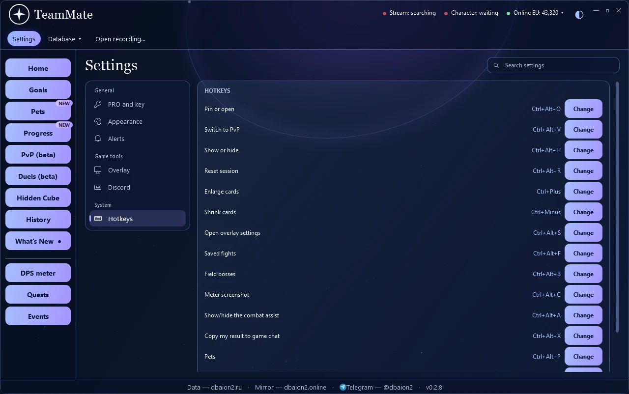 Hotkeys and overlay capture — Settings → Hotkeys: actions and assigned shortcuts.